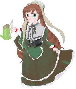 Rating: Safe Score: 0 Tags: 1girl black_ribbon brown_hair cup dress frills green_dress green_eyes image long_hair long_sleeves looking_at_viewer ribbon simple_background solo suiseiseki very_long_hair watering_can white_background User: admin