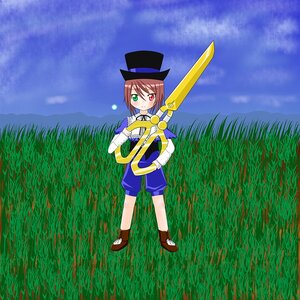 Rating: Safe Score: 0 Tags: 1girl brown_hair cloud field full_body gloves grass green_eyes hat heterochromia image long_sleeves red_eyes short_hair sky solo souseiseki standing top_hat User: admin