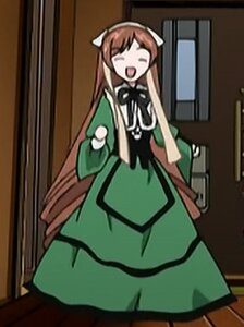 Rating: Safe Score: 0 Tags: 1girl :d brown_hair closed_eyes door dress green_dress image long_hair long_sleeves open_mouth ribbon smile solo standing suiseiseki very_long_hair User: admin