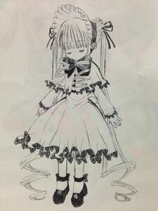 Rating: Safe Score: 0 Tags: 1girl closed_eyes dress full_body greyscale image long_hair long_sleeves monochrome shinku shoes solo standing traditional_media very_long_hair User: admin