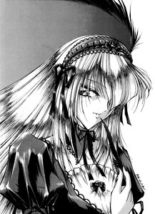 Rating: Safe Score: 0 Tags: 1girl dress greyscale hairband image long_hair long_sleeves looking_at_viewer monochrome simple_background solo suigintou upper_body wings User: admin