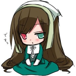 Rating: Safe Score: 0 Tags: 1girl blush brown_hair chibi dress green_dress image long_hair long_sleeves red_eyes simple_background sitting solo suiseiseki very_long_hair white_background User: admin