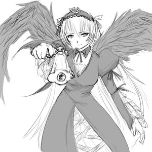 Rating: Safe Score: 0 Tags: 1girl dress feathered_wings feathers frills greyscale hairband holding image long_sleeves looking_at_viewer monochrome ribbon simple_background smile solo suigintou very_long_hair white_background wings User: admin