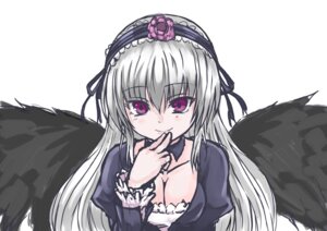 Rating: Safe Score: 0 Tags: 1girl black_wings breasts cleavage dress feathered_wings feathers finger_to_mouth frills hairband image juliet_sleeves long_hair long_sleeves looking_at_viewer medium_breasts pink_eyes puffy_sleeves silver_hair simple_background smile solo suigintou upper_body white_background wings User: admin