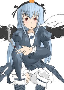 Rating: Safe Score: 0 Tags: 1girl black_wings blue_hair blush dress hairband image long_hair long_sleeves red_eyes solo striped striped_legwear suigintou wings User: admin