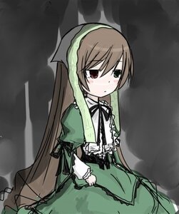 Rating: Safe Score: 0 Tags: 1girl black_ribbon blush brown_hair dress frills green_dress heterochromia image long_hair long_sleeves red_eyes ribbon solo suiseiseki very_long_hair User: admin