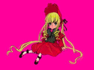 Rating: Safe Score: 0 Tags: 1girl blonde_hair blue_eyes bonnet bow bowtie dress full_body image long_hair long_sleeves looking_at_viewer pink_background red_dress shinku shoes simple_background sitting solo twintails very_long_hair User: admin