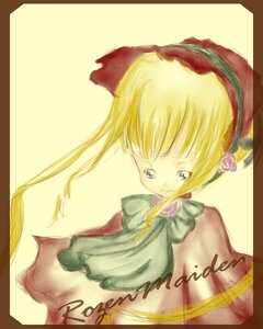 Rating: Safe Score: 0 Tags: 1girl bangs blonde_hair blue_eyes bonnet border bow bowtie dress flower green_bow image long_hair long_sleeves looking_at_viewer pink_rose rose shinku simple_background solo upper_body yellow_background User: admin