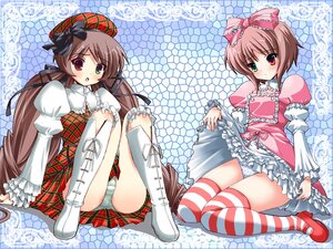 Rating: Questionable Score: 0 Tags: 2girls boots bow brown_hair dress frills green_eyes heterochromia image long_sleeves multiple_girls pair red_eyes short_hair sitting souseiseki striped striped_legwear striped_panties suiseiseki thighhighs twins underwear User: admin