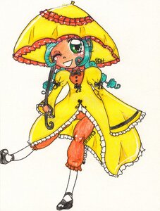 Rating: Safe Score: 0 Tags: 1girl bloomers dress frills full_body green_eyes green_hair holding_umbrella image kanaria long_sleeves one_eye_closed open_mouth parasol shoes smile solo standing traditional_media umbrella underwear User: admin