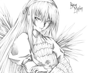 Rating: Safe Score: 0 Tags: 1girl closed_mouth dress frills greyscale hairband image long_hair long_sleeves looking_at_viewer monochrome puffy_sleeves ribbon signature simple_background solo suigintou upper_body very_long_hair wings User: admin