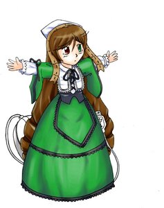 Rating: Safe Score: 0 Tags: 1girl brown_hair dress frills full_body green_dress hat heterochromia image long_hair long_sleeves looking_at_viewer red_eyes solo suiseiseki very_long_hair white_background User: admin