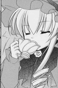 Rating: Safe Score: 0 Tags: 1girl blush closed_eyes cup flower greyscale hat image long_sleeves monochrome ribbon rose saucer shinku solo tea teacup traditional_media wings User: admin