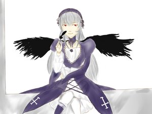 Rating: Safe Score: 0 Tags: 1girl black_wings dress feathered_wings feathers flower frills hairband image long_hair long_sleeves looking_at_viewer red_eyes rose silver_hair sitting solo suigintou white_background wings User: admin