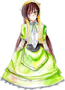 Rating: Safe Score: 0 Tags: 1girl brown_hair dress frills green_dress green_eyes head_scarf heterochromia image long_hair long_sleeves looking_at_viewer red_eyes simple_background solo suiseiseki twintails very_long_hair white_background User: admin