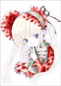 Rating: Safe Score: 0 Tags: 1girl blonde_hair blue_eyes bow dress finger_to_mouth flower image index_finger_raised long_hair long_sleeves looking_at_viewer rose shinku simple_background smile solo white_background User: admin