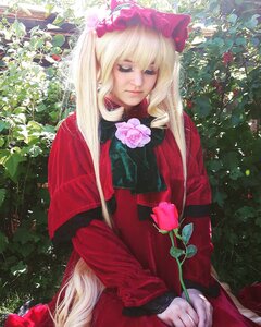 Rating: Safe Score: 0 Tags: 1girl blonde_hair closed_eyes dress flower long_hair long_sleeves red_dress rose shinku solo User: admin