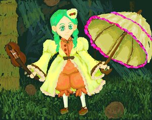 Rating: Safe Score: 0 Tags: 1girl acoustic_guitar bow bow_(instrument) dress grass green_eyes green_hair guitar hat holding_instrument image instrument kanaria long_sleeves pantyhose solo twintails violin User: admin