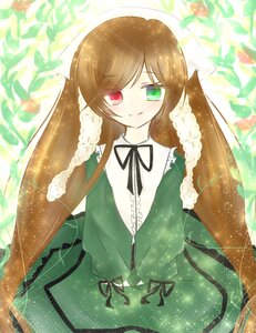 Rating: Safe Score: 0 Tags: 1girl bangs black_ribbon brown_hair dress flower frills green_dress green_eyes heterochromia image long_hair long_sleeves looking_at_viewer red_eyes ribbon smile solo suiseiseki very_long_hair User: admin