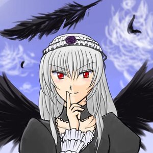 Rating: Safe Score: 0 Tags: 1girl bird black_feathers black_wings dress feathered_wings feathers finger_to_mouth flower frills hairband image index_finger_raised long_hair long_sleeves looking_at_viewer red_eyes silver_hair smile solo suigintou wings User: admin