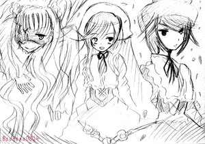 Rating: Safe Score: 0 Tags: 3girls blush dress frills greyscale image long_hair looking_at_viewer monochrome multiple multiple_girls neck_ribbon short_hair sketch smile suiseiseki tagme very_long_hair wet User: admin