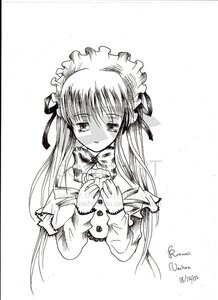 Rating: Safe Score: 0 Tags: 1girl artist_name blush dated greyscale image long_hair long_sleeves looking_at_viewer maid_headdress monochrome ribbon shinku solo traditional_media upper_body User: admin