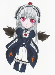 Rating: Safe Score: 0 Tags: 1girl black_wings dress flower frills hairband image long_hair long_sleeves looking_at_viewer pink_eyes rose silver_hair simple_background solo suigintou traditional_media wings User: admin