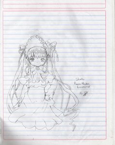 Rating: Safe Score: 0 Tags: 1girl dress image long_hair long_sleeves looking_at_viewer monochrome photo shinku smile solo traditional_media twintails very_long_hair User: admin