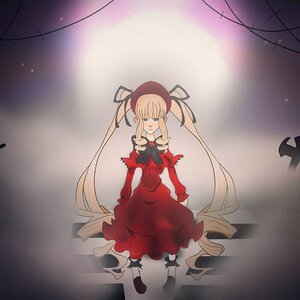 Rating: Safe Score: 0 Tags: 1girl blonde_hair blue_eyes bonnet bow bowtie capelet dress image long_hair long_sleeves red_dress shinku solo standing twintails very_long_hair User: admin