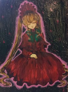 Rating: Safe Score: 0 Tags: 1girl blonde_hair closed_eyes dress flower image long_hair long_sleeves red_dress rose shinku solo traditional_media User: admin