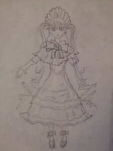 Rating: Safe Score: 0 Tags: 1girl bonnet bow bowtie brown_background dress frills full_body image long_hair long_sleeves monochrome photo shinku solo standing traditional_media twintails User: admin