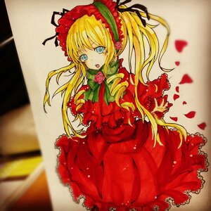 Rating: Safe Score: 0 Tags: 1girl blonde_hair blue_eyes bonnet bow dress flower frills image long_hair looking_at_viewer open_mouth petals photo rose shinku solo traditional_media User: admin