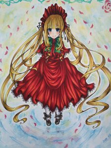 Rating: Safe Score: 0 Tags: 1girl artist_name blonde_hair blue_eyes blush bonnet dress flower image long_hair looking_at_viewer marker_(medium) petals red_dress rose rose_petals shinku shoes signature sitting smile solo traditional_media twintails very_long_hair watercolor_(medium) User: admin