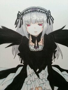 Rating: Safe Score: 0 Tags: 1girl bangs black_dress black_ribbon black_wings closed_mouth detached_collar dress expressionless frills gothic_lolita hairband image lolita_fashion long_hair long_sleeves looking_at_viewer ribbon silver_hair simple_background solo suigintou traditional_media wings User: admin