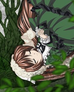 Rating: Safe Score: 0 Tags: 1girl brown_hair closed_eyes dress frills green_dress image long_hair long_sleeves outdoors solo suiseiseki very_long_hair User: admin