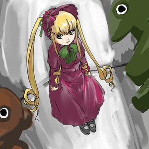 Rating: Safe Score: 0 Tags: 1girl blonde_hair bonnet bow bowtie dress full_body green_bow green_eyes green_neckwear image long_hair long_sleeves looking_at_viewer red_dress shinku shoes solo standing very_long_hair User: admin