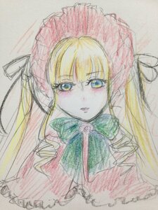 Rating: Safe Score: 0 Tags: 1girl bangs blonde_hair blue_eyes blush bonnet bow bowtie dress frills green_bow green_neckwear image long_hair long_sleeves looking_at_viewer shinku simple_background solo traditional_media twintails watercolor_(medium) white_background User: admin
