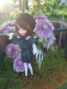 Rating: Safe Score: 0 Tags: 1girl brown_hair doll dress flower grass hat outdoors shoes smile solo souseiseki User: admin