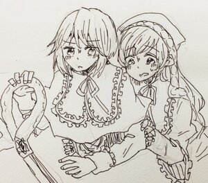 Rating: Safe Score: 0 Tags: 2girls blush braid capelet dress frills hat image long_hair long_sleeves monochrome multiple_girls pair short_hair souseiseki suiseiseki User: admin