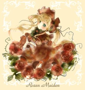 Rating: Safe Score: 0 Tags: 1girl blonde_hair blue_eyes bonnet bow capelet dress flower image long_hair long_sleeves looking_at_viewer pink_flower pink_rose red_flower red_rose rose shinku solo twintails yellow_background User: admin