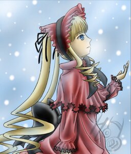 Rating: Safe Score: 0 Tags: 1girl blonde_hair blue_eyes bonnet bow dress image long_hair long_sleeves red_dress shinku snow snowing solo twintails very_long_hair User: admin