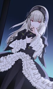 Rating: Safe Score: 0 Tags: 1girl bangs black_dress black_feathers black_footwear black_legwear black_nails black_rose blue_background dress frills gothic gothic_lolita hairband hands_on_own_face lolita_fashion long_hair long_sleeves looking_at_viewer looking_to_the_side pantyhose red_eyes ribbon rose rozen_maiden silver_hair sitting solo suigintou wide_sleeves User: W0nder