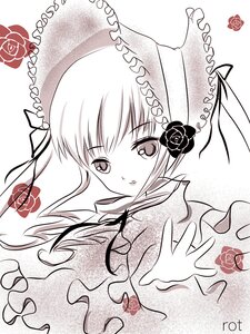 Rating: Safe Score: 0 Tags: 1girl bonnet flower frills hairband image long_hair looking_at_viewer monochrome red_flower red_rose rose shinku simple_background smile solo upper_body white_background User: admin