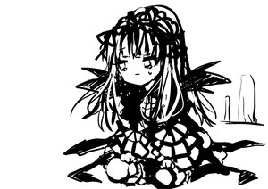Rating: Safe Score: 0 Tags: 1girl bangs blunt_bangs blush dress greyscale image long_hair long_sleeves monochrome patchouli_knowledge sitting solo striped suigintou vertical_stripes wings User: admin