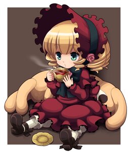 Rating: Safe Score: 0 Tags: 1girl aka_(s3637) blonde_hair bonnet bow chibi commentary_request costume_switch cup dress drill_hair eating food frills full_body green_eyes hina_ichigo holding image kunkun long_sleeves mary_janes plate rozen_maiden shinku shoes short_hair sitting solo tea teacup User: admin
