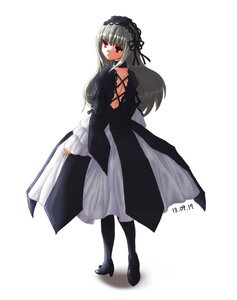 Rating: Safe Score: 0 Tags: 1girl black_dress black_footwear blush boots dress full_body hairband juliet_sleeves long_hair long_sleeves looking_at_viewer looking_back puffy_sleeves red_eyes silver_hair solo standing suigintou User: admin