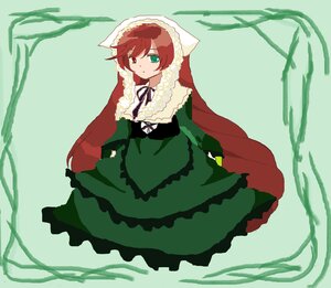 Rating: Safe Score: 0 Tags: 1girl brown_hair dress frills green_dress green_eyes heterochromia image long_hair long_sleeves looking_at_viewer red_eyes ribbon simple_background solo suiseiseki very_long_hair User: admin