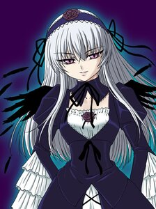 Rating: Safe Score: 0 Tags: 1girl black_wings detached_collar dress feathers flower frilled_sleeves frills hairband image long_hair long_sleeves looking_at_viewer pink_eyes puffy_sleeves silver_hair solo suigintou wings User: admin