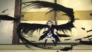Rating: Safe Score: 0 Tags: 1girl bird black_wings boots dress feathers holding image juliet_sleeves long_sleeves solo suigintou weapon wings User: admin
