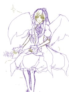 Rating: Safe Score: 0 Tags: 1girl dress flower hair_ornament image long_hair monochrome sketch solo striped suigintou wings User: admin